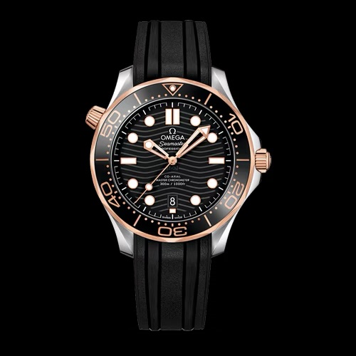 Omega Seamaster Diver 300M, 42 mm steel and Sedna gold on rubber strap